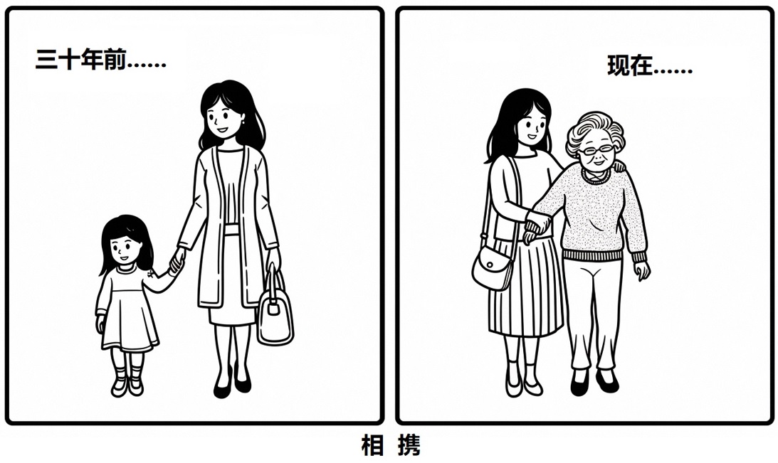 这是一幅标题为“相携”的漫画，分为左右两部分