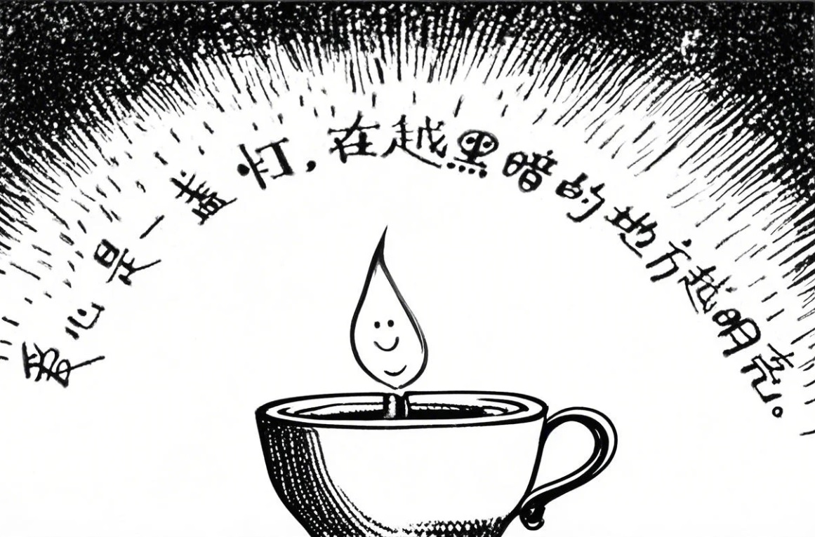 这是一幅黑白漫画，标题是“爱心是一盏灯，在越黑暗的地方越明亮