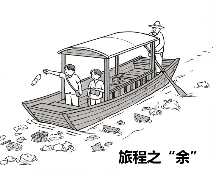 这是一幅黑白漫画，标题是“旅程之‘余’”