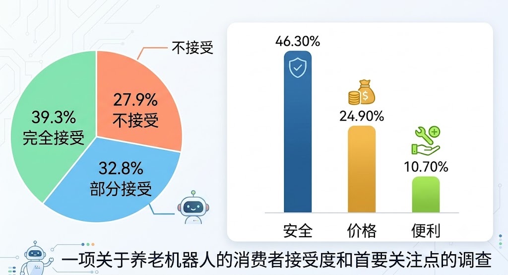 该图正下方的文字是“一项关于养老机器人的消费者接受度和首要关注点的调查”