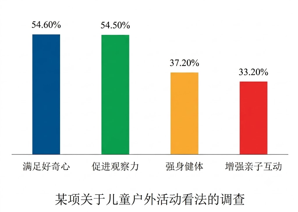 这是一张关于调查结果的柱状图，其具体构成和数据如下： 图表标题（位于图片正下方）：某项关于儿童户外活动看法的调查